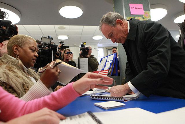 Photograph of Mayor Bloomberg at the polls this morning